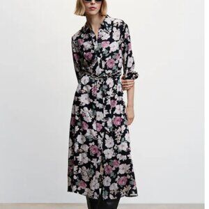 MANGO Floral Print Shirt Midi Dress